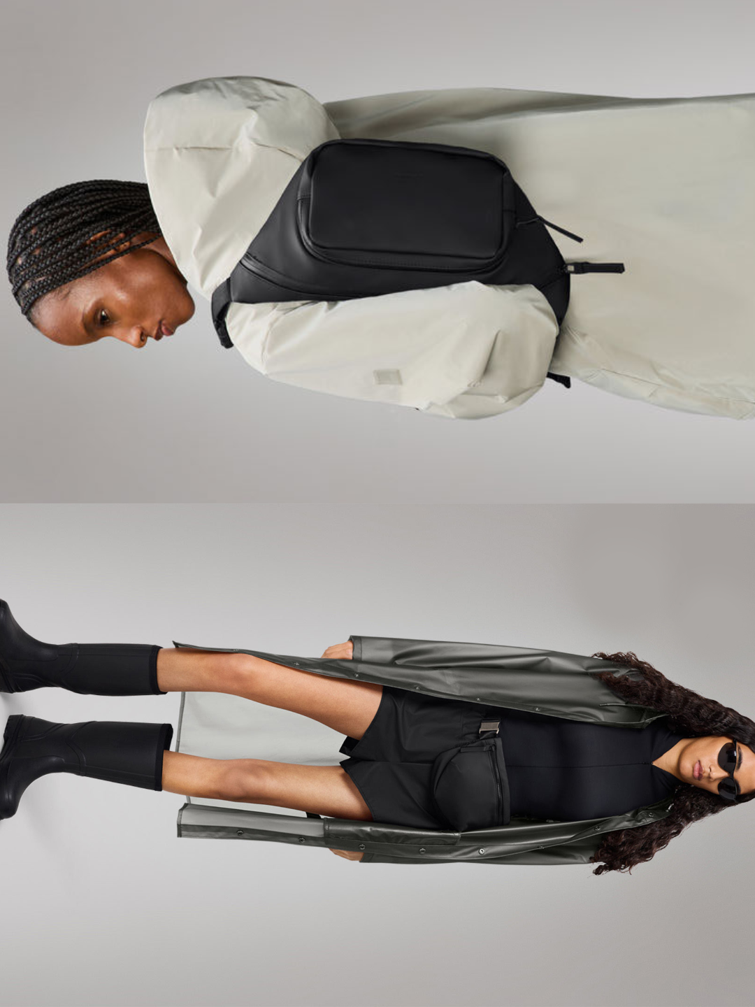 RAINS waterproof crossbody and waist bags styled with minimalist raincoats and boots — Scandinavian functional design reimagined for modern urban wear.